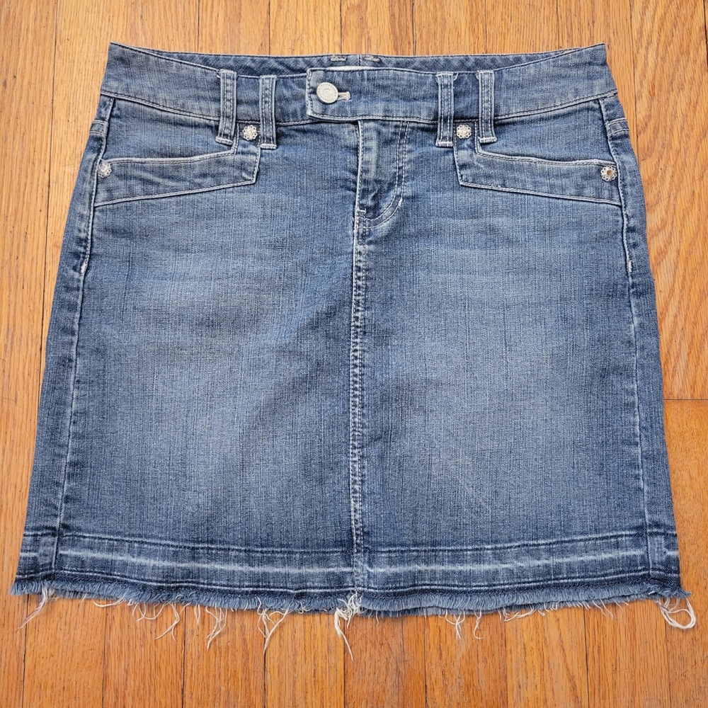White House Black Market 0 Denim Mini Skirt Blue Jean Frayed Hem Y2K 90s Grunge